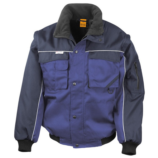 Heavy duty padded work jacket with zip off sleeves, chest pockets and reflective piping