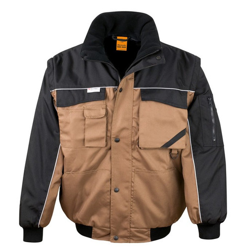 Heavy duty padded work jacket with zip off sleeves, chest pockets and reflective piping