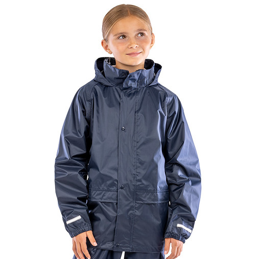 Child's navy waterproof rain jacket with full zip, storm flap and hood hidden in the collar