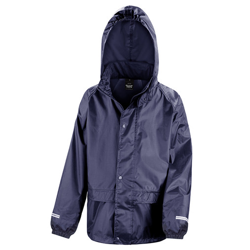 Child's navy waterproof rain jacket with full zip, storm flap and hood hidden in the collar