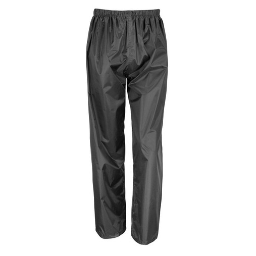 Child's black waterproof over trousers with elasticated waist and press stud ankles