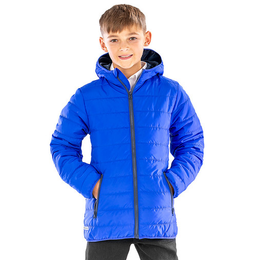Child's navy padded coat with hood, full zip, zipped pockets and reflective hip detail