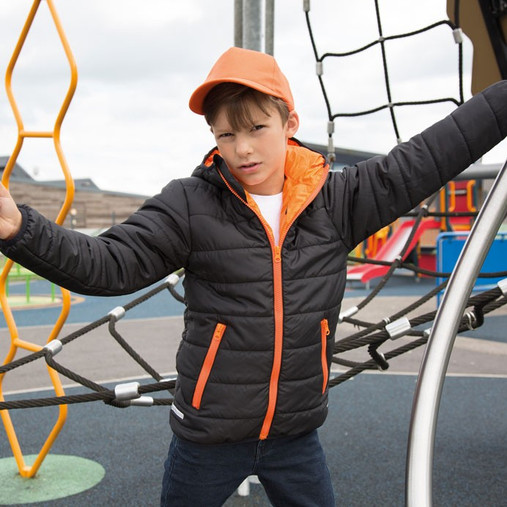 Child's navy padded coat with hood, full zip, zipped pockets and reflective hip detail