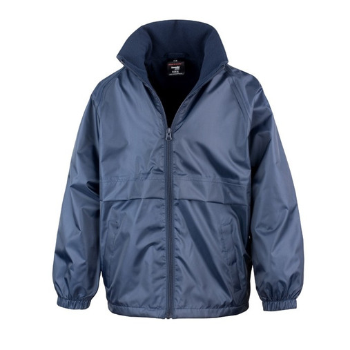 Child's navy waterproof school coat with microfleece lining, zipped pockets and hood in the collar