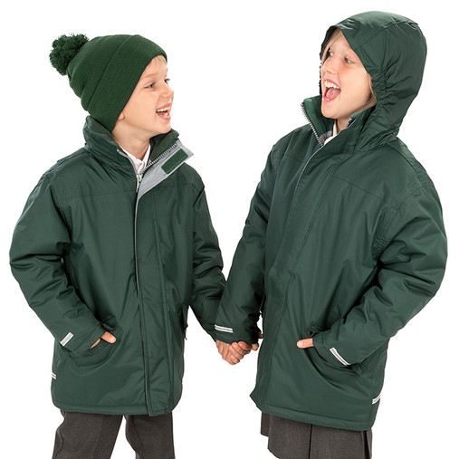 Child's navy waterproof winter parka with hood in the collar, fleece lined pockets and reflective tape
