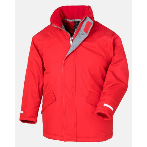Child's navy waterproof winter parka with hood in the collar, fleece lined pockets and reflective tape