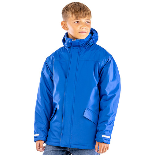 Child's navy waterproof winter parka with hood in the collar, fleece lined pockets and reflective tape