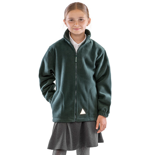 Child's navy full zip fleece jacket with fleece lined pockets and reflective triangle on the chest