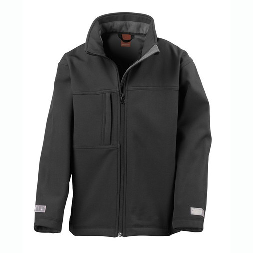 Child's navy softshell jacket with full zip, zipped chest pocket and stand up collar