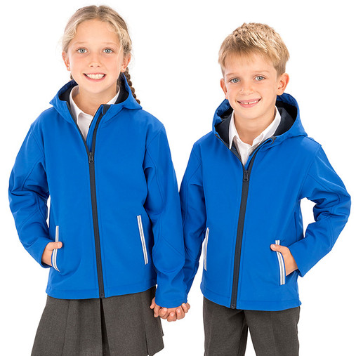 Child's navy and royal hooded softshell jacket with chin guard and reflective details