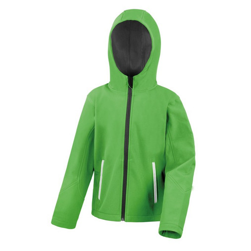 Child's navy and royal hooded softshell jacket with chin guard and reflective details