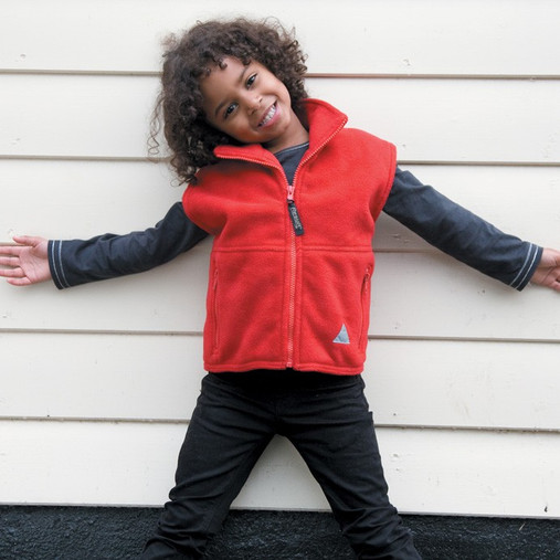 Child's navy fleece gilet with full zip, zipped pockets and reflective triangle