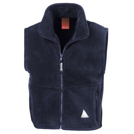 Child's navy fleece gilet with full zip, zipped pockets and reflective triangle