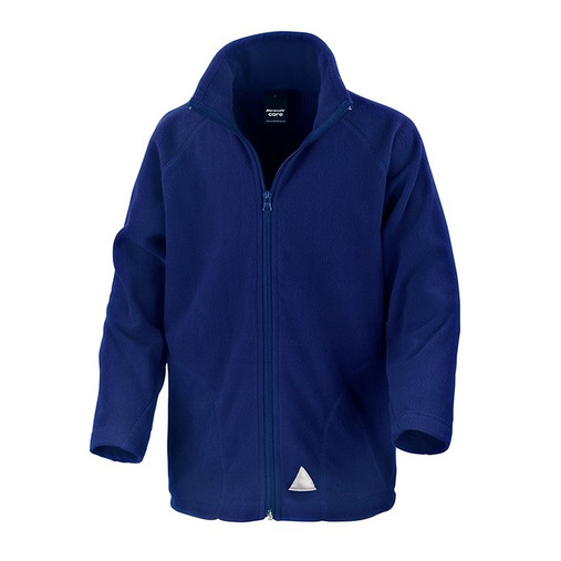 Child's navy full zip microfleece jacket with stand up collar and reflective triangle