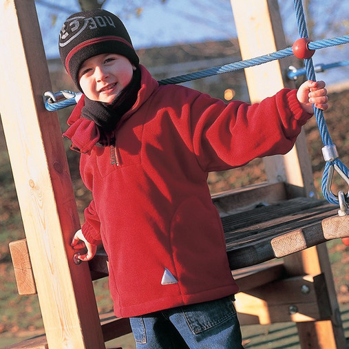 Child's navy quarter zip fleece top with reflective triangle on the chest
