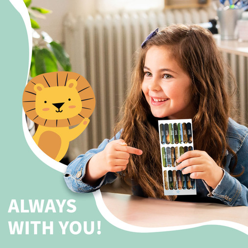 Girl smiling with a sheet of Easy2Name real world mini name stickers
