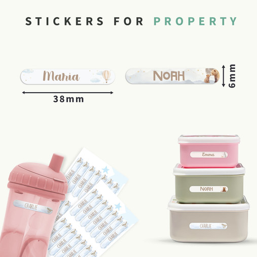 Easy2Name mini name stickers size: 38 x 6 mm, shown on pens and pencils