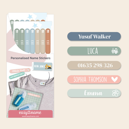 Easy2Name multi colour mini name stickers, personalised with children's names, on pens, pencils and a notebook