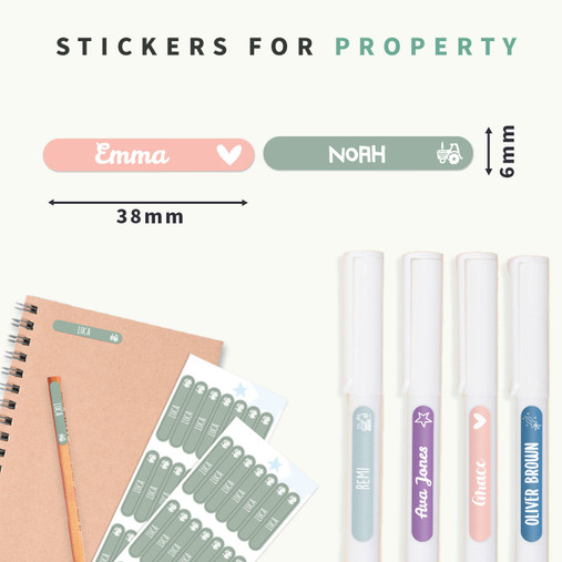 Easy2Name mini name stickers size: 38 x 6 mm, shown on pens and pencils