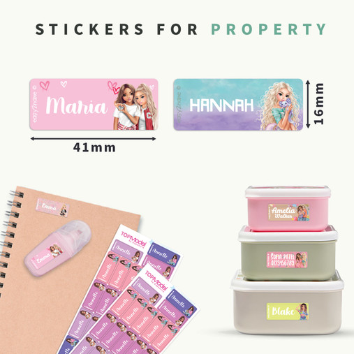 Easy2Name name stickers size: 41 x 16 mm, shown on lunch boxes and a notebook
