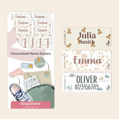 Easy2Name Jollein name stickers, personalised with children's names, on lunch boxes and a notebook
