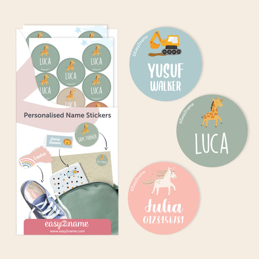 Easy2Name theme with icon round name stickers, personalised with children's names, on lunch boxes and notebooks