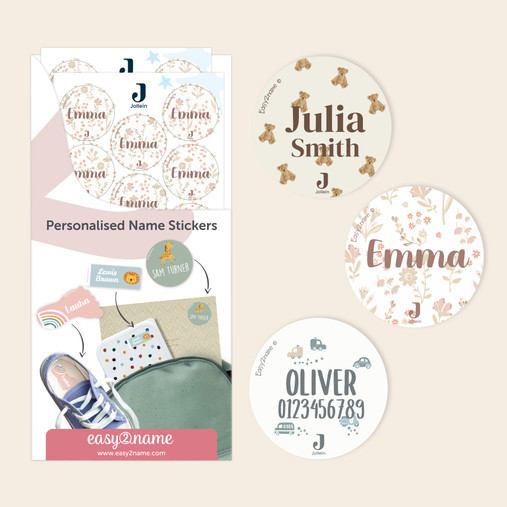 Easy2Name Jollein round name stickers, personalised with children's names, on lunch boxes and notebooks