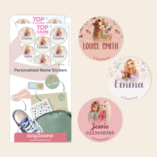 Easy2Name TOPModel round name stickers, personalised with children's names, on lunch boxes and notebooks