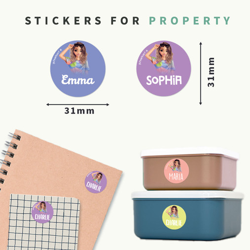 Easy2Name round name stickers size: 31 mm across, shown on lunch boxes and notebooks