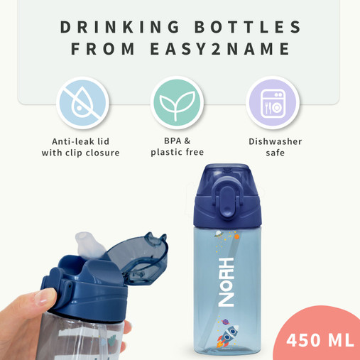 Easy2Name 450 ml kids water bottle with an anti-leak clip lid, BPA free and dishwasher safe