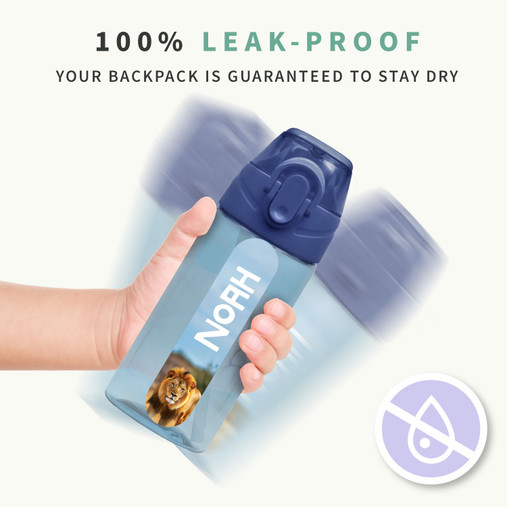 Leak-proof 450 ml kids water bottle with the name Noah and a lion picture, safe to carry in a school bag