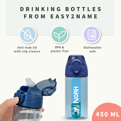 Easy2Name 450 ml kids water bottle with a sea picture, an anti-leak clip lid, BPA free and dishwasher safe