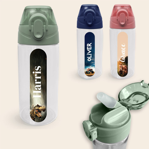 Three personalised kids water bottles, 450 ml, with real world pictures and the names Harris, Oliver and Grace, Harris with a dinosaur
