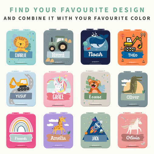 Twelve personalised lunch box designs with animals, diggers, a rocket and a rainbow, each with a child's name