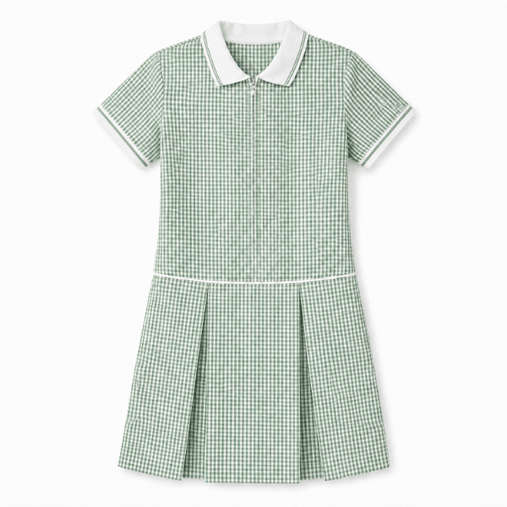 Girls green gingham summer school dress with zip front, white collar and pleated skirt