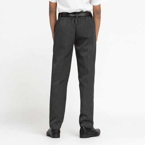 Zeco boys elasticated waist belted school trousers in grey, worn, back view, close up