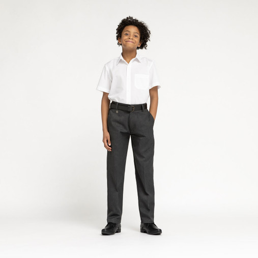 Zeco boys elasticated waist belted school trousers in grey, worn, front view
