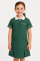 Smart and breathable, this bottle green gingham school dress comes with a soft collar, front zip detail, and coordinating scrunchie, perfect for active days in the classroom or playground.