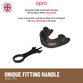 Opro Bronze Mouthguard black colour opened from packaging with mouth fitting holder included
