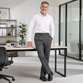 Adult man wearing grey sturdy fit plus size elastic waist trousers in an office, suitable for school or work uniform