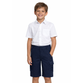 Boy wearing navy school cargo shorts with elastic waist and side pockets