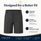 Boys sturdy fit school shorts feature guide showing generous waist fit, roomier seat and thigh, and smart Bermuda length