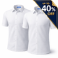 Twin pack of Ayra girls’ short sleeve school blouses in bright white, photographed against a clean white background. Both blouses are shown without a chest pocket for a sleeker, regulation-compliant design. Featuring a classic collar and button-through front, these non-iron shirts are ideal for schoolwear, offering a polished look with minimal maintenance. The twin pack presentation highlights value and consistency in school uniform essentials.