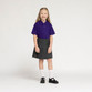 Zeco school polo shirt in purple, worn, front view