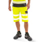 Fluorescent orange hi vis stretch work shorts with printed reflective bands and pockets