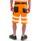 Fluorescent orange hi vis stretch work shorts with printed reflective bands and pockets