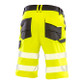 Fluorescent orange hi vis stretch work shorts with printed reflective bands and pockets