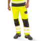 Fluorescent orange hi vis stretch work trousers with printed reflective bands and thigh pockets