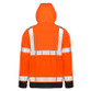 Fluorescent orange and black waterproof hi vis jacket with reflective bands and hood