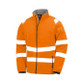 Fluorescent orange hi vis softshell jacket with sewn reflective bands and black cuffs